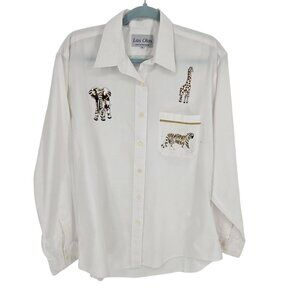 Las olas mens large white elephant tiger giraffe embroidered patchwork button up